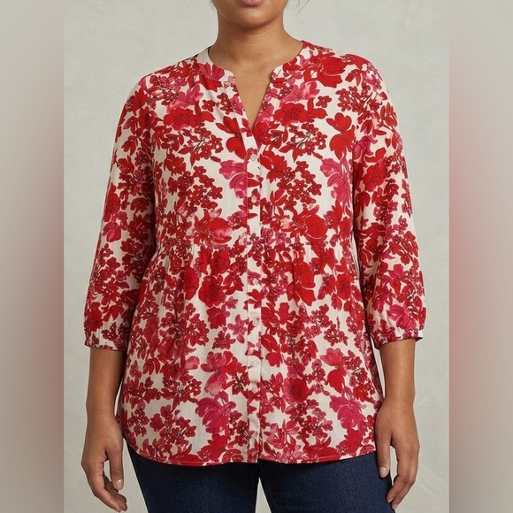 Olsen Tops - OLSEN Red Floral Blouse Peplum Button Front 3/4 Sleeve Lightweight Top Large